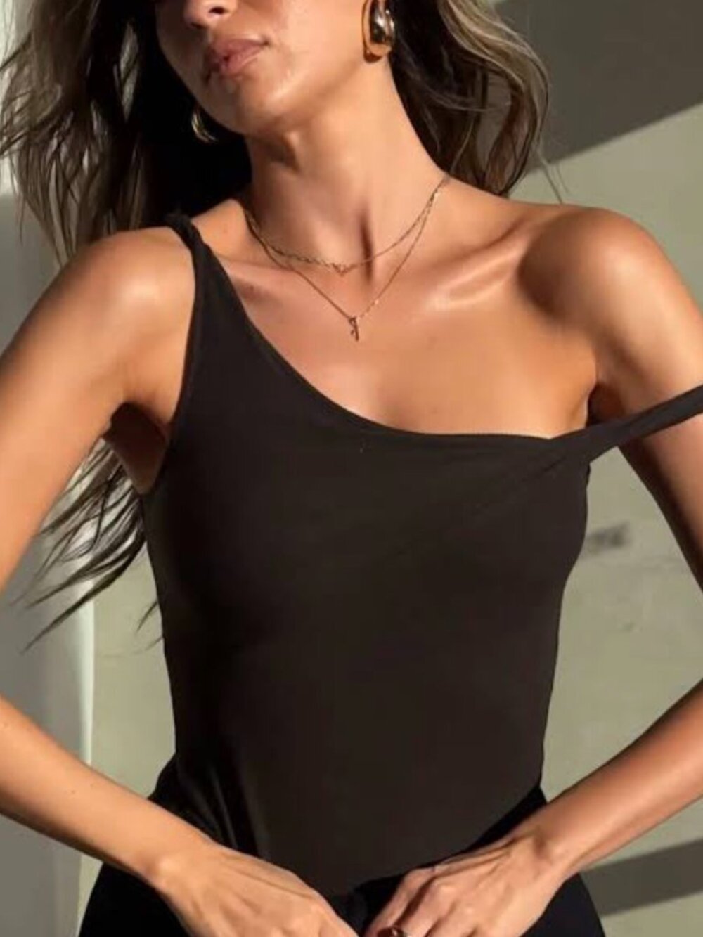 Joah Brown Off Shoulder Twist Tank XS Vintage Black Rib NWOT Asymmetrical